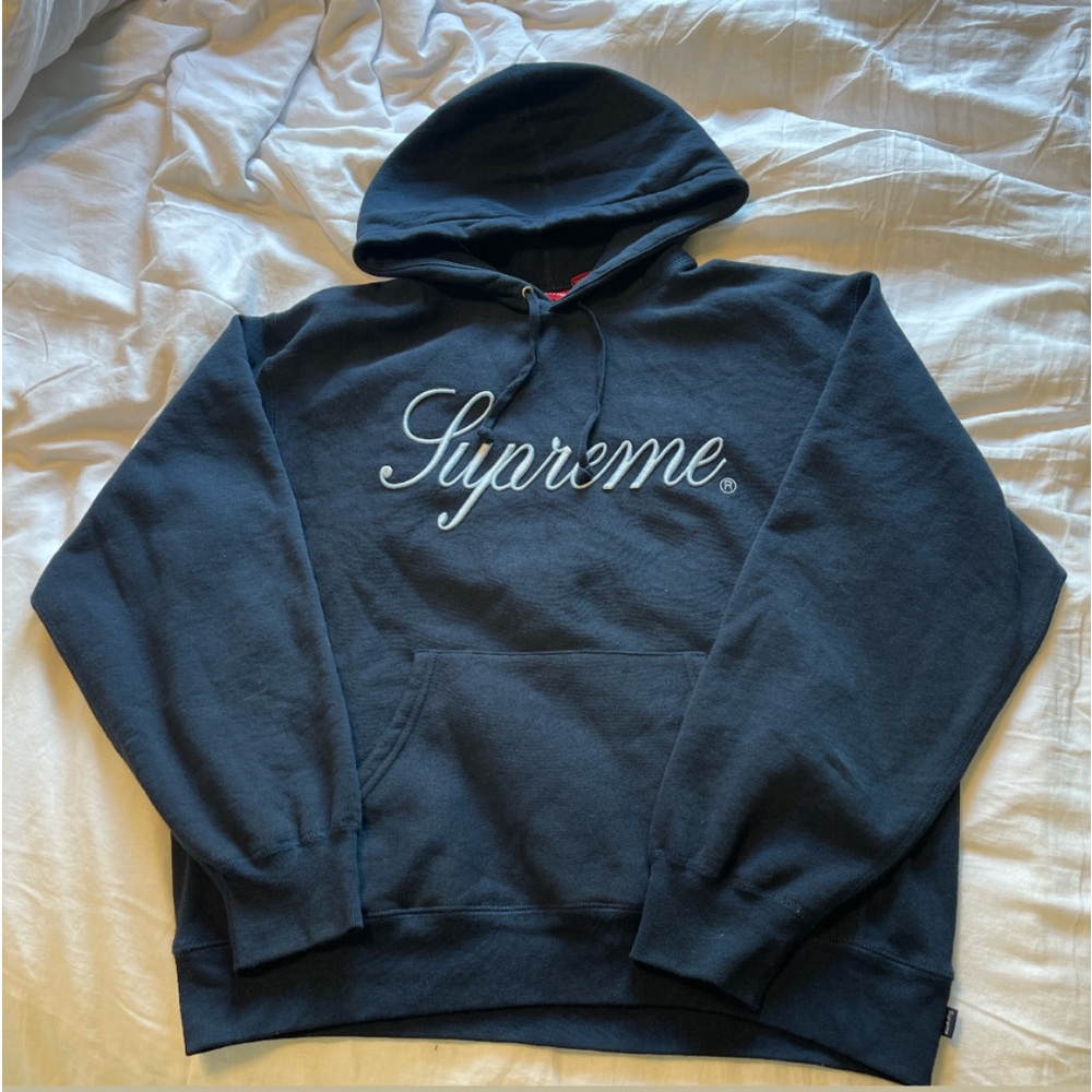 Supreme Navy Raised Script Hoodie